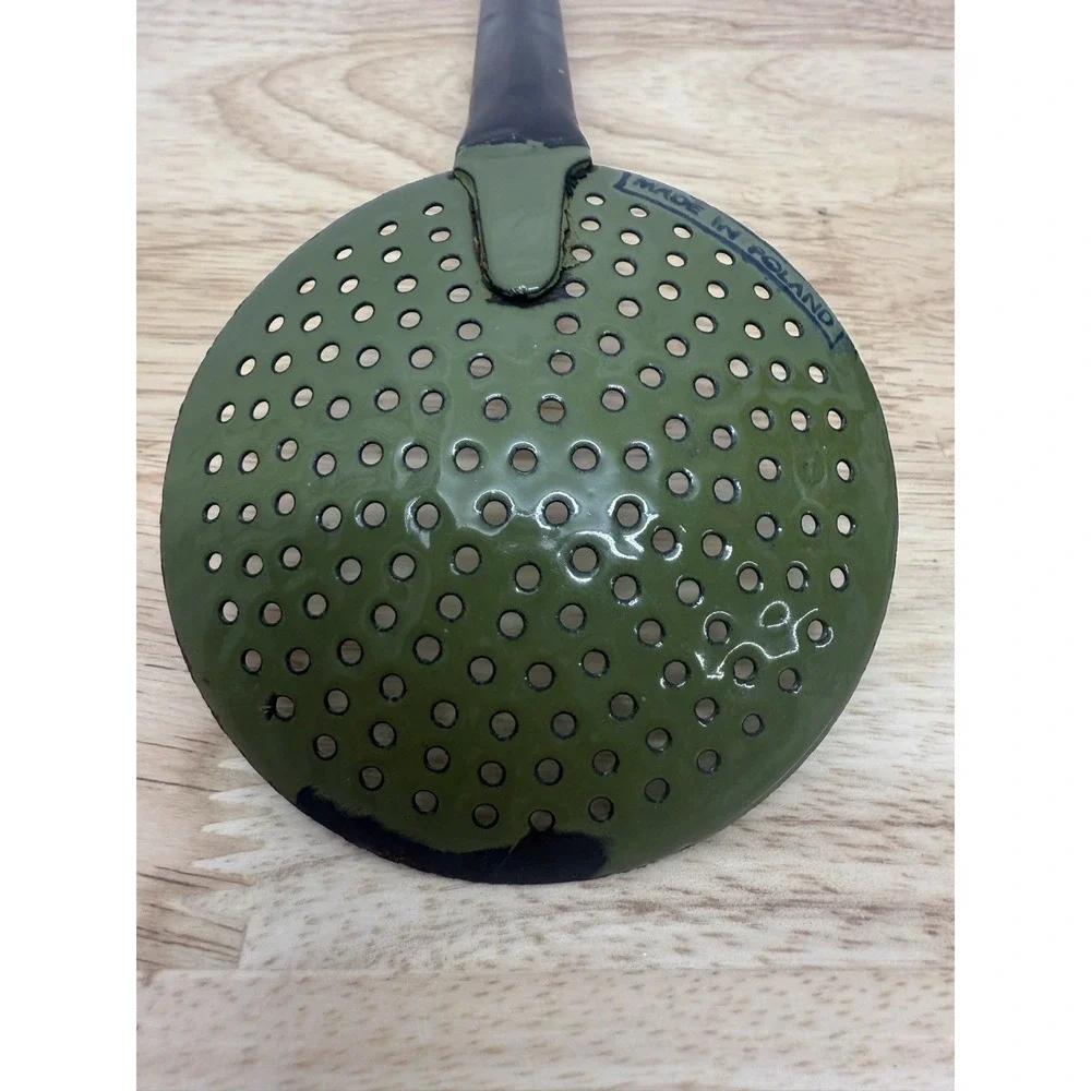 Vintage Hanging Enamelware Strainer Spoon Green & Black MCM Made in Poland #29‎